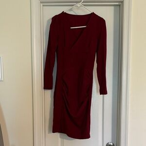 V-Neck Long-Sleeve Ruched Midi Dress in Burgundy